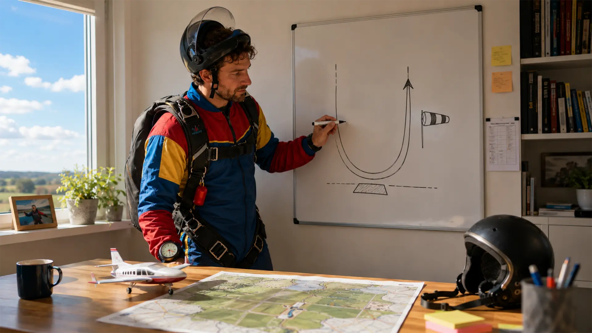 Parachutiste dessinant le circuit PTU en U au tableau blanc avec la carte du terrain