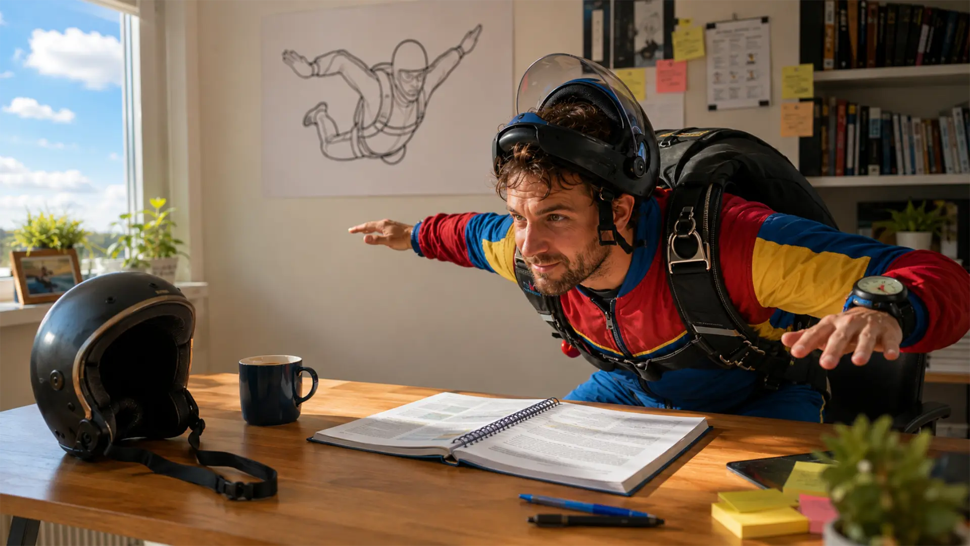 Parachutiste équipé mimant la position de chute libre cambrée (box) à son bureau